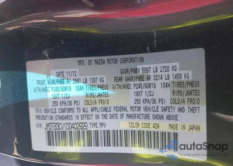 2013 Mazda Cx-9 Touring из США, поврежденный, VIN JM3TB3CV1D0402929